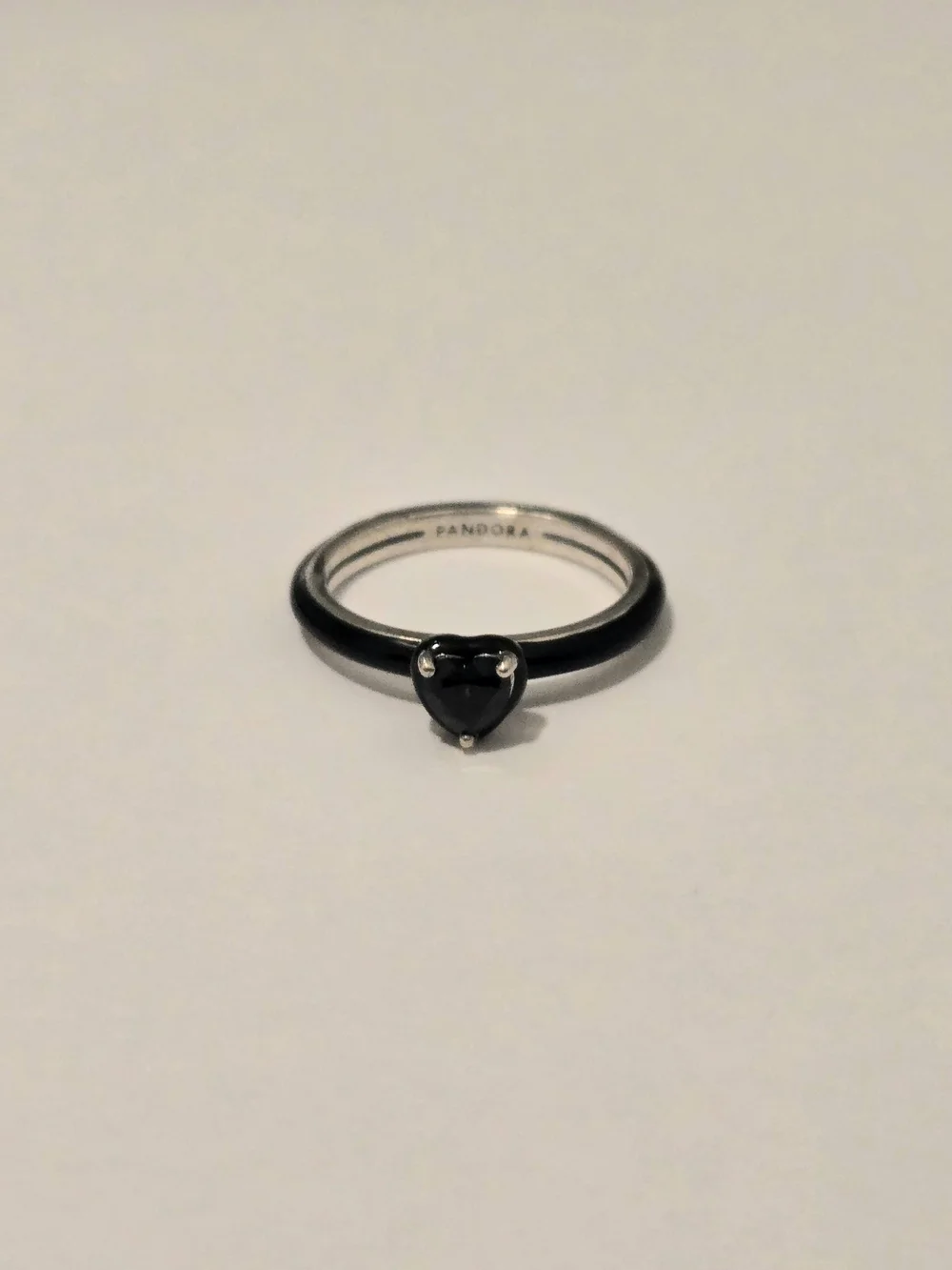 Pandora Heart-Shaped Black Stone Ring  Over SS. Sz. 3.75